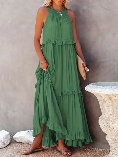 Emilia™ - Elegant Maxi Dress con Scollo a Halter e Dettagli a Volant per uno Stile Unico