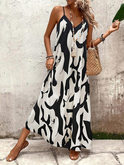 Elena | Vestito Estivo alla Moda con Spalline Sottili, Schiena Nuda e Design Grafico Accattivante