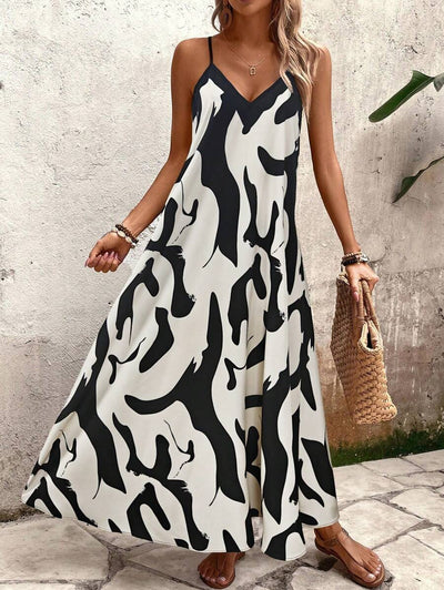 Elena | Vestito Estivo alla Moda con Spalline Sottili, Schiena Nuda e Design Grafico Accattivante