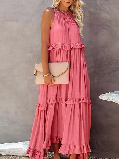 Emilia™ - Elegant Maxi Dress con Scollo a Halter e Dettagli a Volant per uno Stile Unico