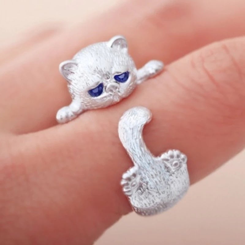 Anello regolabile da donna in argento con gatto Funny Style - Minou