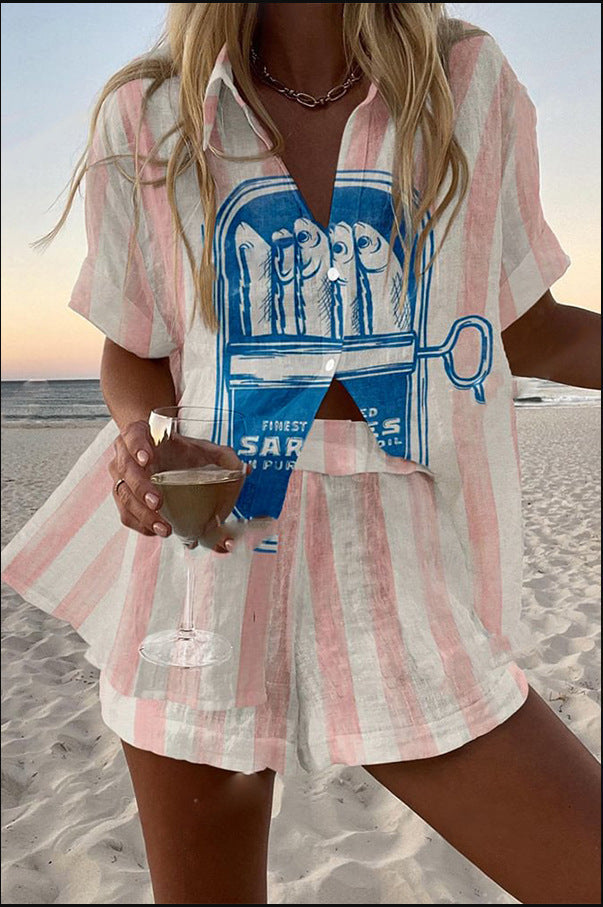 Silava™ | Completo corto in lino con stampa sardina