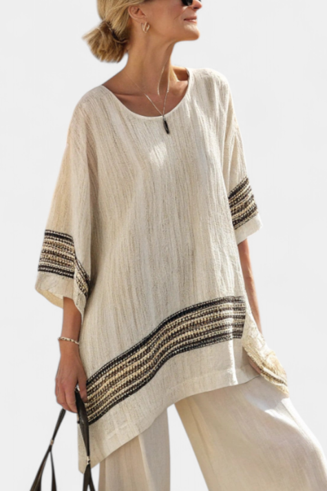 Completo Mediterraneo Daisy in lino di bambù con eleganti righe rosse e verdi