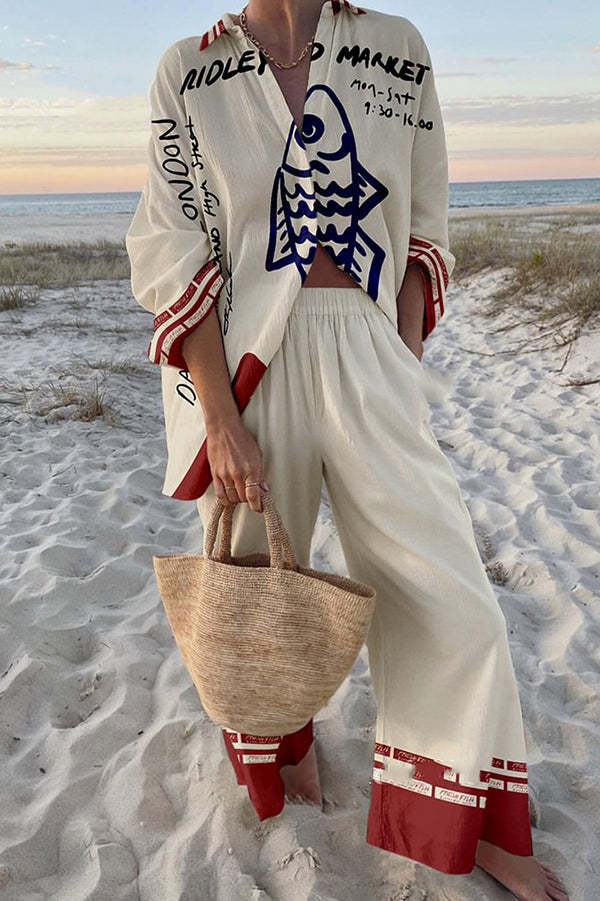 Rounelle™ | Completo lino con stampa pesce azzurro