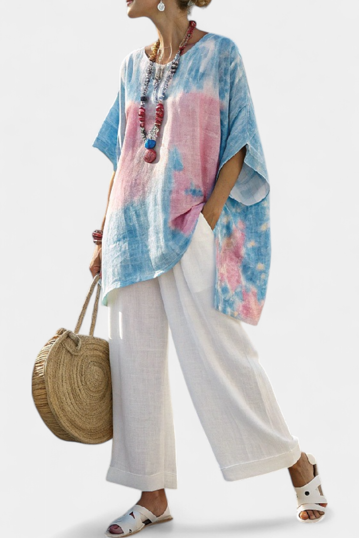 Completo Casual Daisy con Blusa Lenta e Pantaloni a Righe in Lino di Bambù per uno Stile Comodo ed Elegante