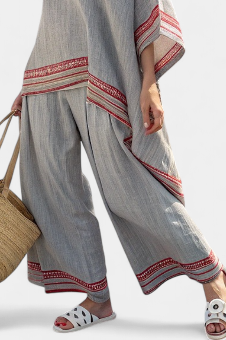 Set etnico Daisy in lino di bambù con camicetta asimmetrica e pantaloni larghi per uno stile elegante e confortevole