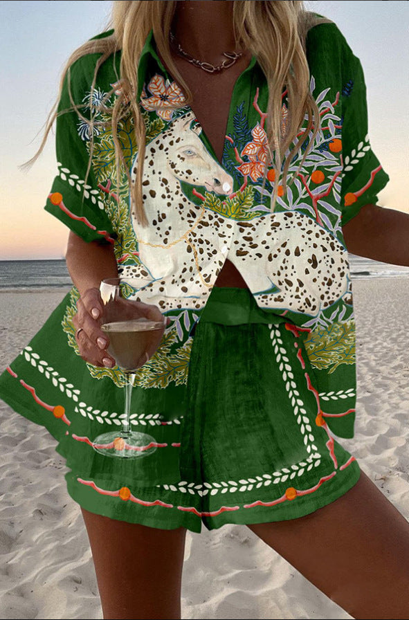 Céphira™ | Completo corto in lino con stampa di cavalli