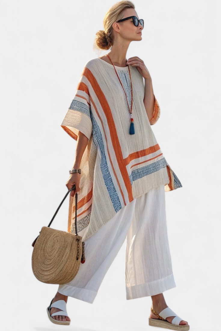 Completo di Blusa Asimmetrica in Lino di Bambù e Pantaloni Larghi – Modello Daisy