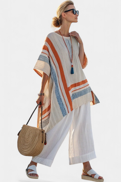 Completo di Blusa Asimmetrica in Lino di Bambù e Pantaloni Larghi – Modello Daisy