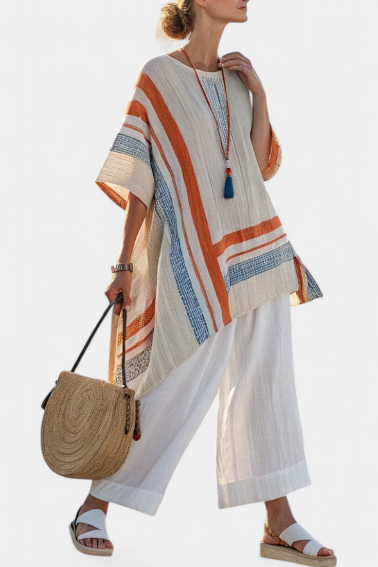 Completo di Blusa Asimmetrica in Lino di Bambù e Pantaloni Larghi – Modello Daisy