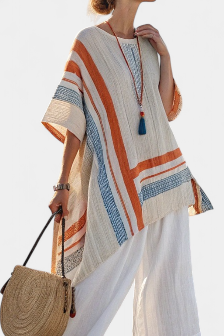 Completo di Blusa Asimmetrica in Lino di Bambù e Pantaloni Larghi – Modello Daisy