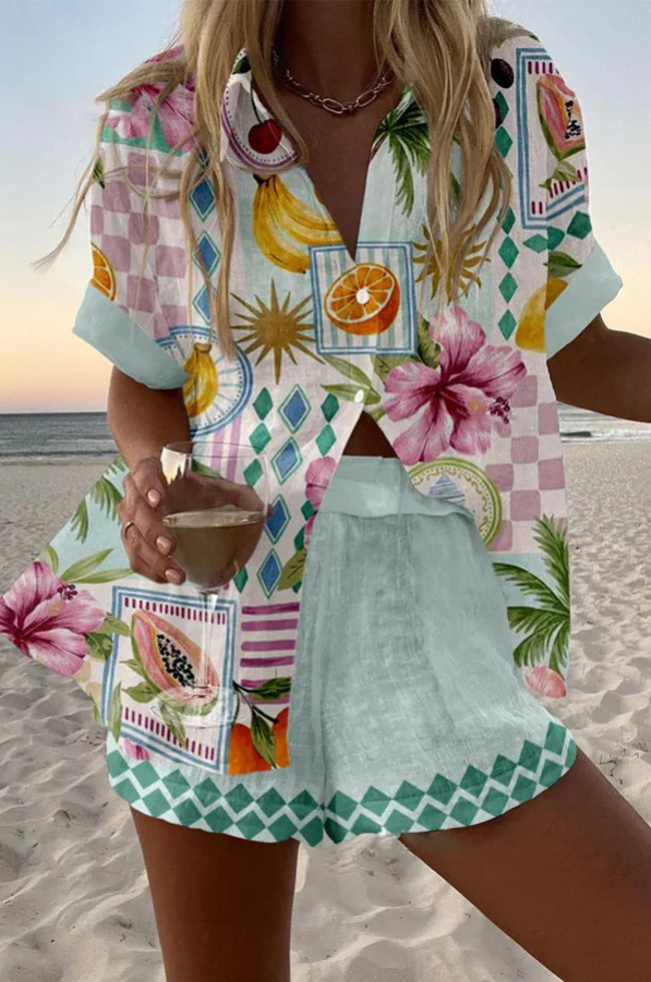 Maevin™ | Completo corto in lino con stampa di frutta