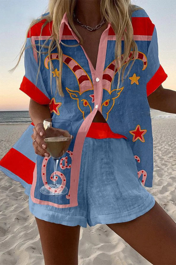 Jorelle™ | Completo corto in lino con stampa di capra