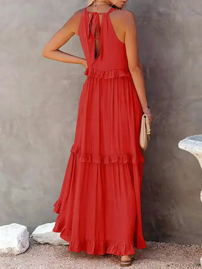 Emilia™ - Elegant Maxi Dress con Scollo a Halter e Dettagli a Volant per uno Stile Unico