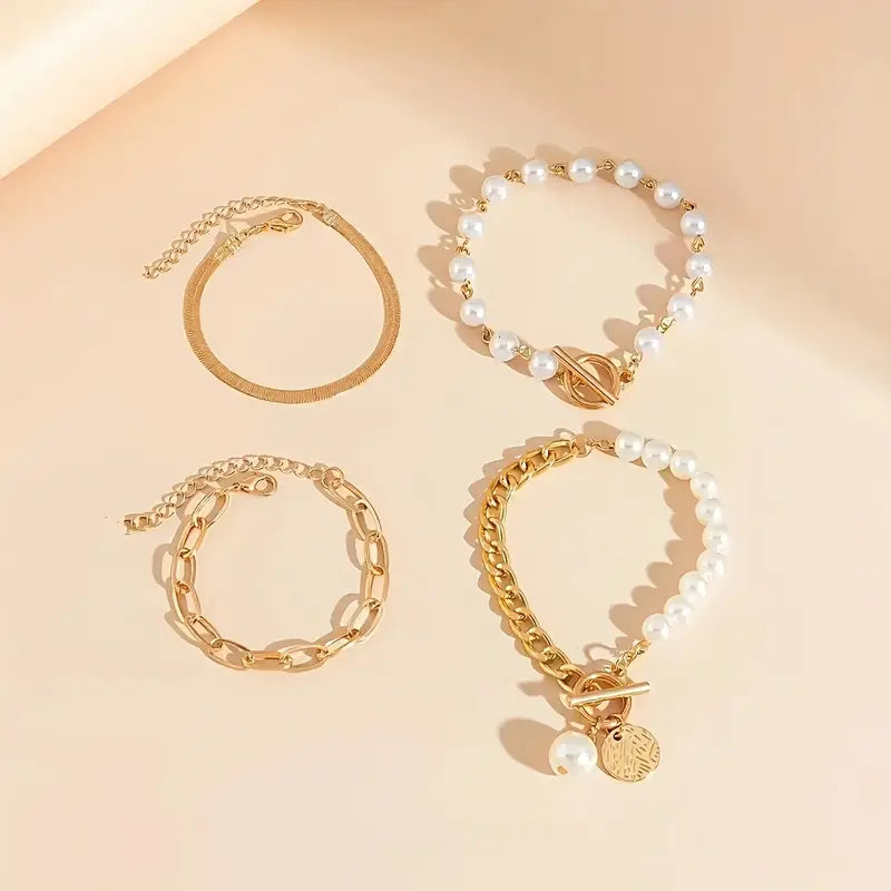 Set di 4 bracciali Chic Gold – Serpente, perle e maglie | Oro