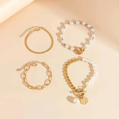 Set di 4 bracciali Chic Gold – Serpente, perle e maglie | Oro