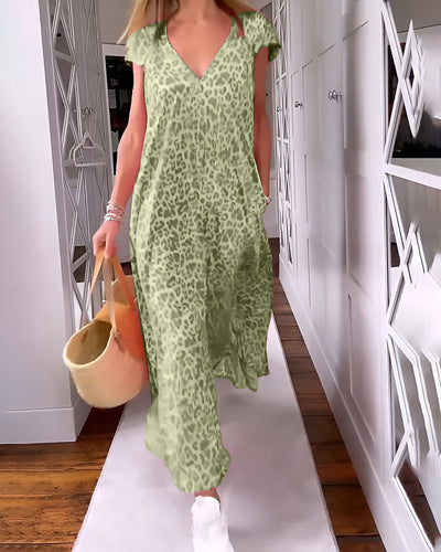 Véronique | Abito lungo con scollo a V in stampa a maniche corte